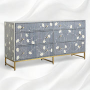 Ada Bone Inlay 6-drawer indigo blue chest, showcasing its good look in different views