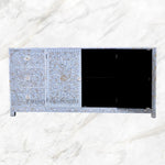Open cabinet view of the Alexa Grey Media with mother of pearl inlay 4