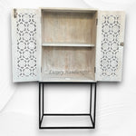 Armin Solid Mango Wood Hand Carved Bar Cabinet White Distress Finish 2