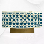 Artisan-made indigo coffee table with bone inlay surface