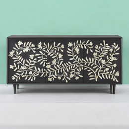 Bone Flower Media Console Black Finish | Bone Inlay Entertainment Unit