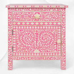 Bone Inlay Bedside Floral 1 Drawer 1 Door Pink