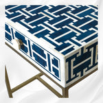 Modern boho nightstand with bone inlay in Tetris pattern – indigo finish