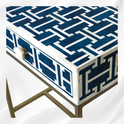 Modern boho nightstand with bone inlay in Tetris pattern – indigo finish