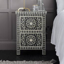 Handmade Bone Inlay Zahra Bedside Black with Floral Design