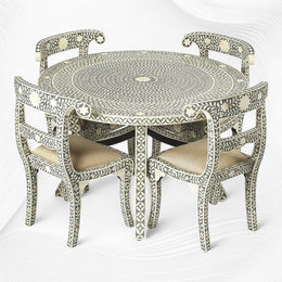 Geometric Floral Bone Inlay Round Dining Table Set Grey