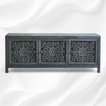 Handcarved Lombok Media Unit 3 Door Indigo Blue 3
