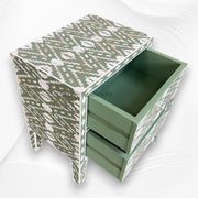 Ikat Design MOP Inlay Bedside 2 Drawer Pepper Leaf 3