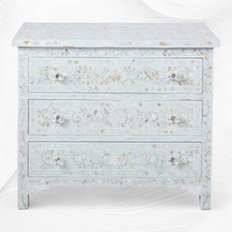 Pale Blue Mother Of Pearl Inlay 3 Drawer Chest Floral