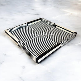 Black Roy Stripe Bone Inlay Tray Square for Home Decor