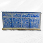 Blue Arabic floral bone inlay buffet – handcrafted wooden sideboard with intricate inlay patterns