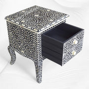 Black Bone Inlay Floral 2 Drawer Curved Leg Bedside