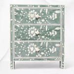 Designer green resin nightstand with floral bone inlay