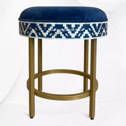 Ikat Mother of Pearl Inlay Round Stool Blue