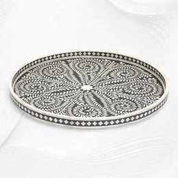 Large Round Bone Inlay Tray Floral Design Black