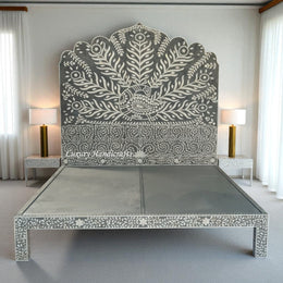 Peacock Mother of Pearl Inlay Bed in Dark Grey Finish