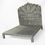 Handcrafted Peacock Design Mother of Pearl Inlay Bed in Dark Grey – Luxury Bedroom Furniture