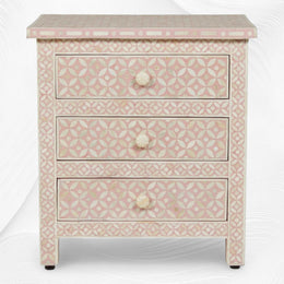 Pink Bone Inlay 3 Drawer Bedside Geometric