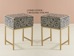 COMBO Bone Inlay Floral Bedside Table Black