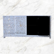 Open cabinet view of the Alexa Grey Media with mother of pearl inlay 4