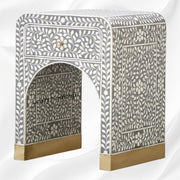 Handcrafted Grey Bone Inlay Bedside Table with Storage