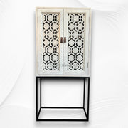 Armin Solid Mango Wood Hand Carved Bar Cabinet White Distress Finish 4