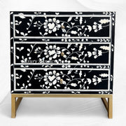 Elegant Blooming Flowers Bone Inlay Bedside Table in Black with Intricate Floral Patterns