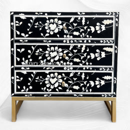 Elegant Blooming Flowers Bone Inlay Bedside Table in Black with Intricate Floral Patterns