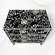 Handcrafted Blooming Flowers Bone Inlay Bedside Table in Black with Delicate Floral Design
