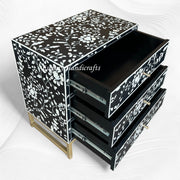 Luxurious Black Bone Inlay Bedside Table Featuring Blooming Flowers Motif