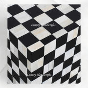 Luxury Black Bedside Table with Bone Inlay Checkerboard Design | Stylish Nightstand