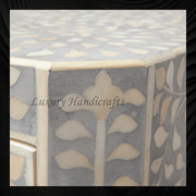 Floral Bone Inlay Bedside Table Grey with delicate edge detailing, ideal for sophisticated bedroom interiors