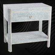 Bone Inlay Edge Floral Bedside Table in Turquoise for Bedroom Decor