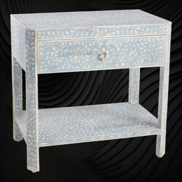 Bone Inlay Edge Floral Bedside Table in Turquoise for Bedroom Decor
