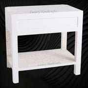 Decorative White Floral Bedside Table with Bone Inlay