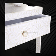 Classic Bone Inlay Bedside Table in White Floral Pattern
