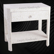 White Bone Inlay Edge Floral Bedside Table for Bedroom