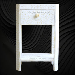 White Bone Inlay Edge Floral Bedside Table for Bedroom