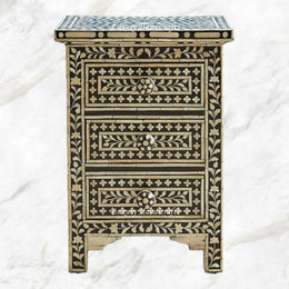Bone Inlay Floral 3 Drawers Bedside Black 1
