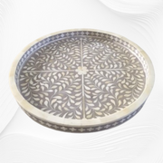 Small Round Bone Inlay Tray Floral Design Grey
