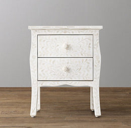 Bone Inlay Curved 2 Drawer Bedside Floral Design White 1