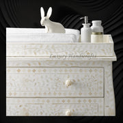 Bone Inlay Curved 3 Drawer Floral Dresser White with Topper 3
