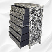 Bone Inlay 6 Drawer Chest Floral Design Black 4
