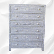 Bone Inlay 6 Drawer Chest Floral Design Dove Grey 1