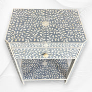 Buy Grey Bone Inlay Bedside with Floral Design – Luxury Handmade Nightstand