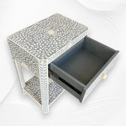 Bone Inlay Bedside Table in Grey – Floral Pattern Nightstand for Bedroom