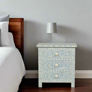 Bone Inlay Floral 3 Drawer Bedside Light Blue