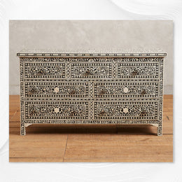Bone Inlay Floral Chest of 7 Drawers Black