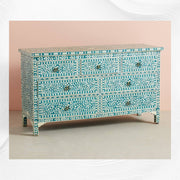 Bone Inlay Floral Chest of 7 Drawers Teal Green