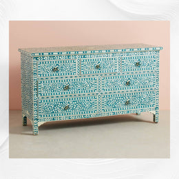 Bone Inlay Floral Chest of 7 Drawers Teal Green
